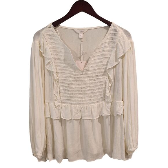 Lauren Conrad Smocked Ruffle Top Ivory Bohemian XL - Picture 2 of 8